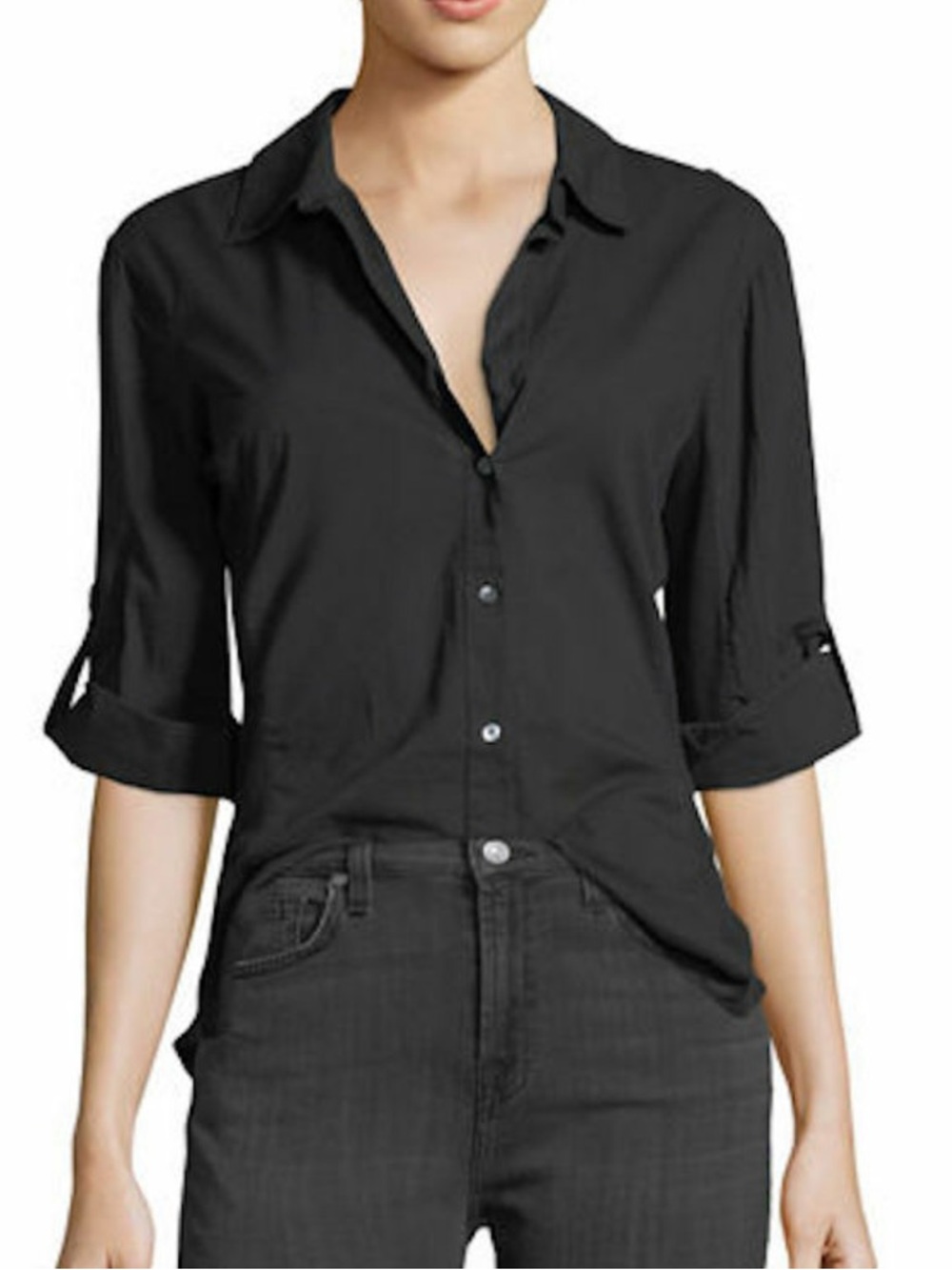 James perse Black Roll-Sleeve Button-Up Women's Shirt Sz 2. Medium